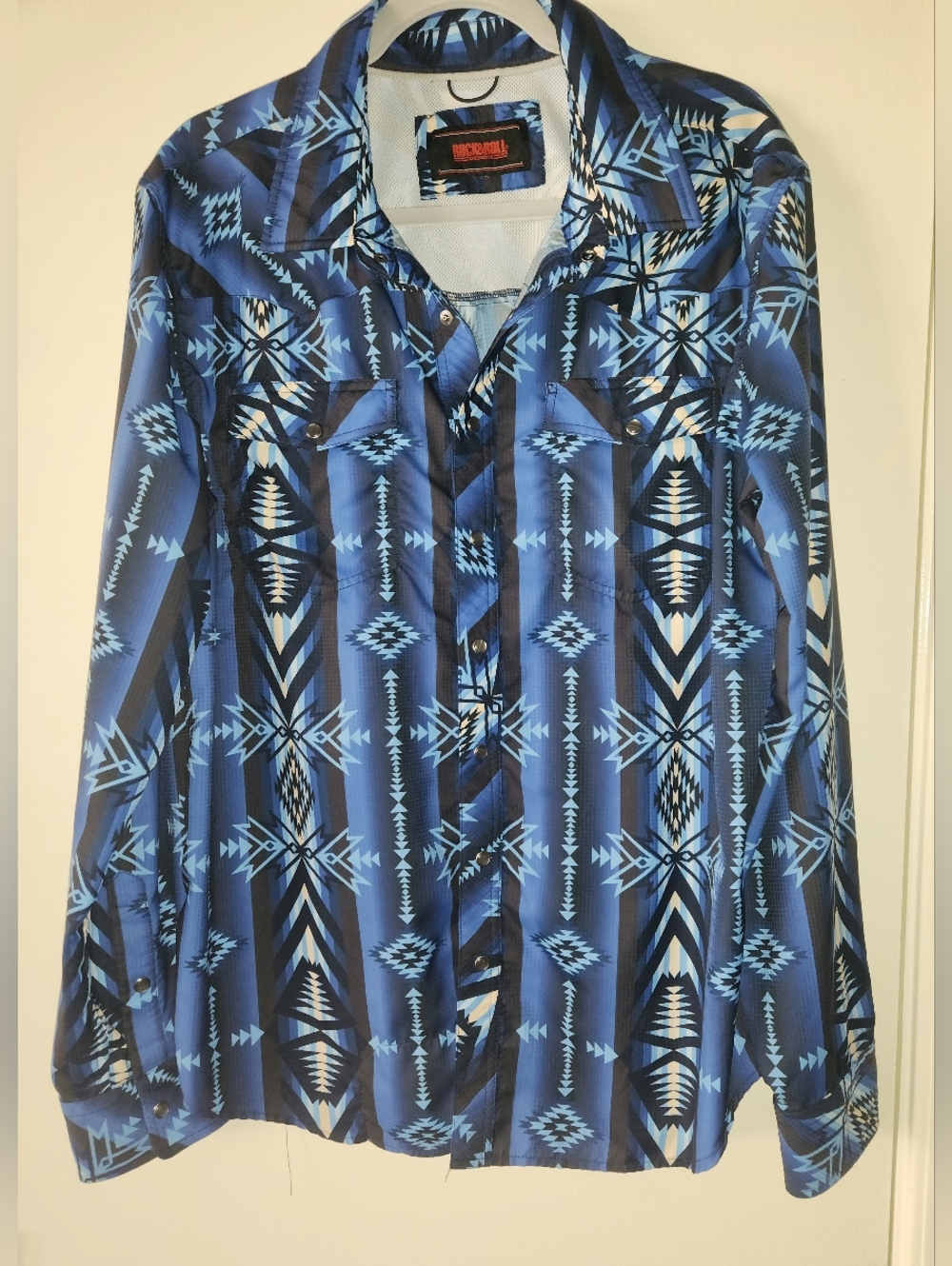 Rock & Roll Denim 🤠 Western Shirt Men's Aztec Print Gray Pearl Snap XL EUC $28
